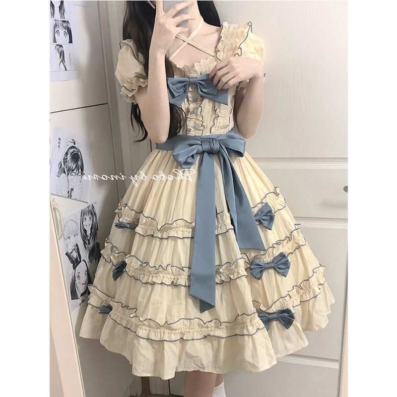 フレンチ式ロリータ王女スカートlolita洋気泡袖つなぎレース結び蝶ネクタイ腰ワンピース