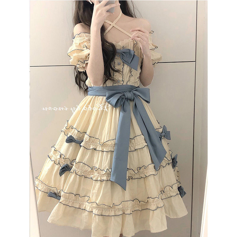 フレンチ式ロリータ王女スカートlolita洋気泡袖つなぎレース結び蝶ネクタイ腰ワンピース