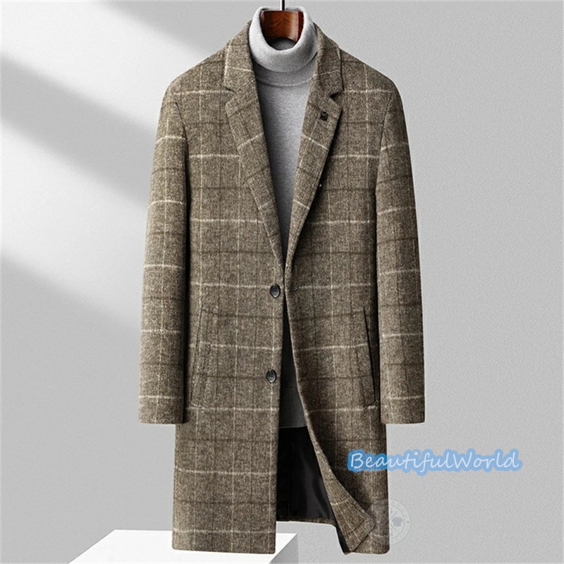 チェスターコート メンズ カシミヤコート ウールコート 　ミドルコート ロングコート ビジネスコートチェック柄 冬服アウター 　紳士服 防寒 保温 秋冬 暖かいN4