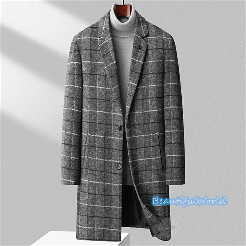 チェスターコート メンズ カシミヤコート ウールコート 　ミドルコート ロングコート ビジネスコートチェック柄 冬服アウター 　紳士服 防寒 保温 秋冬 暖かいN4