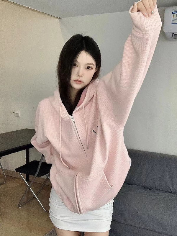 Qoo10] パーカー ピンク ワッフルチェック レデ