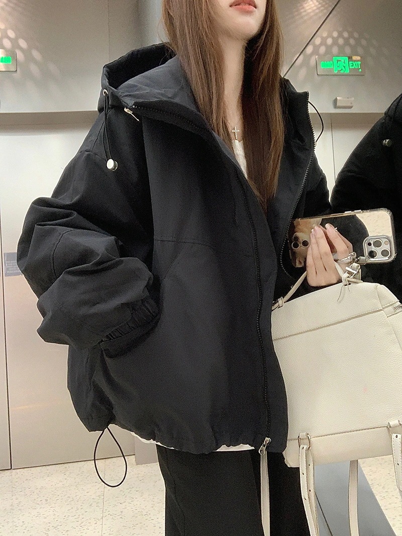 ふっくら中綿 あたたかい 防寒あったかショート暖かいかわいいフード付きブルゾン厚手アウターブルーBF風 無地羽織るファッション大人ゆったりカジュアルストリートネックにサイズゆるダボシルエット黑白