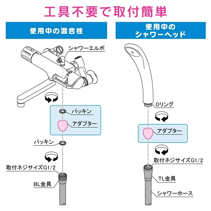 浴室 風呂場 シャワーホース 交換用 2.7ｍ 工具不要 ga-fk-27 アダプター付 ホワイト アイボリー シルバー ブラック 賃貸 マンション アパート ハイツ 一軒家 ホテル ジム プール リ
