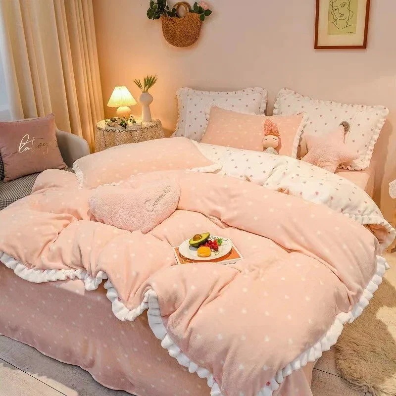 冬のミルクベルベット4ピースベッドカバーかわいいプリンセスベッドシーツ/布団カバー/ベッドの裏地