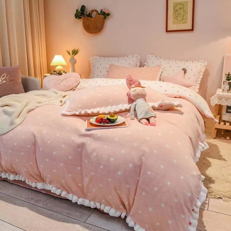 冬のミルクベルベット4ピースベッドカバーかわいいプリンセスベッドシーツ/布団カバー/ベッドの裏地