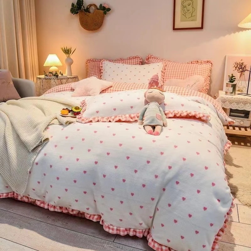 冬のミルクベルベット4ピースベッドカバーかわいいプリンセスベッドシーツ/布団カバー/ベッドの裏地