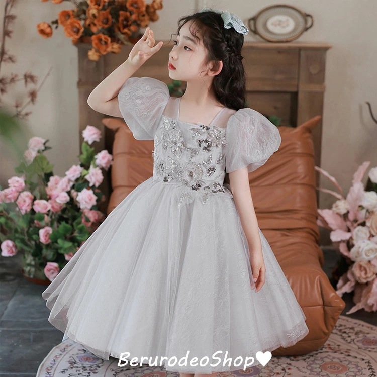 子供ドレス グレー ショート丈 女児ドレス 花柄 パフスリーブ 可愛い プリンセスドレス 女の子 ギフトプレゼント キッズドレス ピアノ発表会ドレス 演奏会ドレス フォーマル 100 110 120
