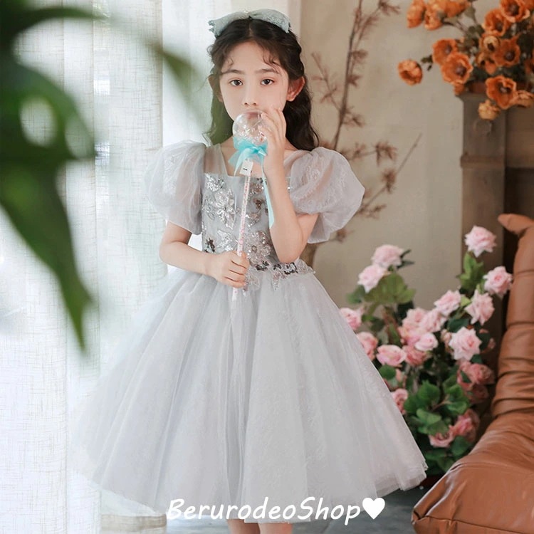 子供ドレス グレー ショート丈 女児ドレス 花柄 パフスリーブ 可愛い プリンセスドレス 女の子 ギフトプレゼント キッズドレス ピアノ発表会ドレス 演奏会ドレス フォーマル 100 110 120