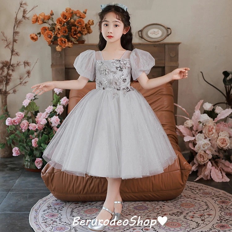 子供ドレス グレー ショート丈 女児ドレス 花柄 パフスリーブ 可愛い プリンセスドレス 女の子 ギフトプレゼント キッズドレス ピアノ発表会ドレス 演奏会ドレス フォーマル 100 110 120