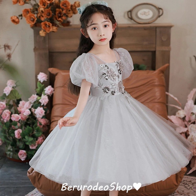 子供ドレス グレー ショート丈 女児ドレス 花柄 パフスリーブ 可愛い プリンセスドレス 女の子 ギフトプレゼント キッズドレス ピアノ発表会ドレス 演奏会ドレス フォーマル 100 110 120