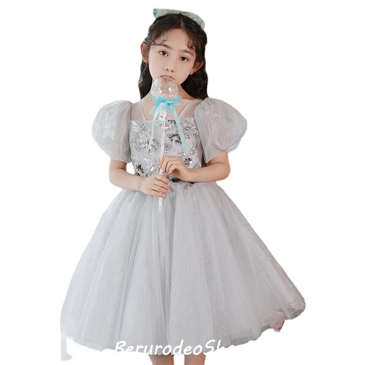 子供ドレス グレー ショート丈 女児ドレス 花柄 パフスリーブ 可愛い プリンセスドレス 女の子 ギフトプレゼント キッズドレス ピアノ発表会ドレス 演奏会ドレス フォーマル 100 110 120