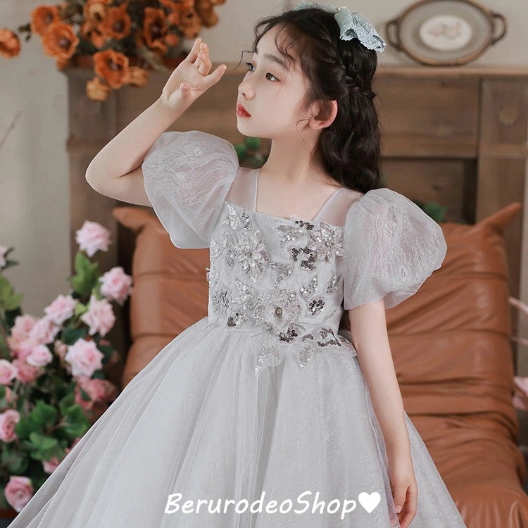 子供ドレス グレー ショート丈 女児ドレス 花柄 パフスリーブ 可愛い プリンセスドレス 女の子 ギフトプレゼント キッズドレス ピアノ発表会ドレス 演奏会ドレス フォーマル 100 110 120