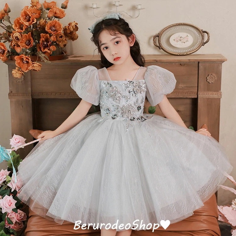 子供ドレス グレー ショート丈 女児ドレス 花柄 パフスリーブ 可愛い プリンセスドレス 女の子 ギフトプレゼント キッズドレス ピアノ発表会ドレス 演奏会ドレス フォーマル 100 110 120
