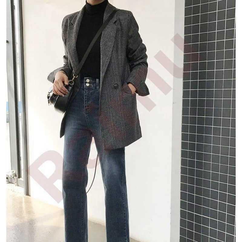 テーラードジャケット グレンチェック ロング 大きめ カジュアル 袖口スリット ダブルボタン ゆったり 薄手 春秋 レディース スーツ アウター フォーマル