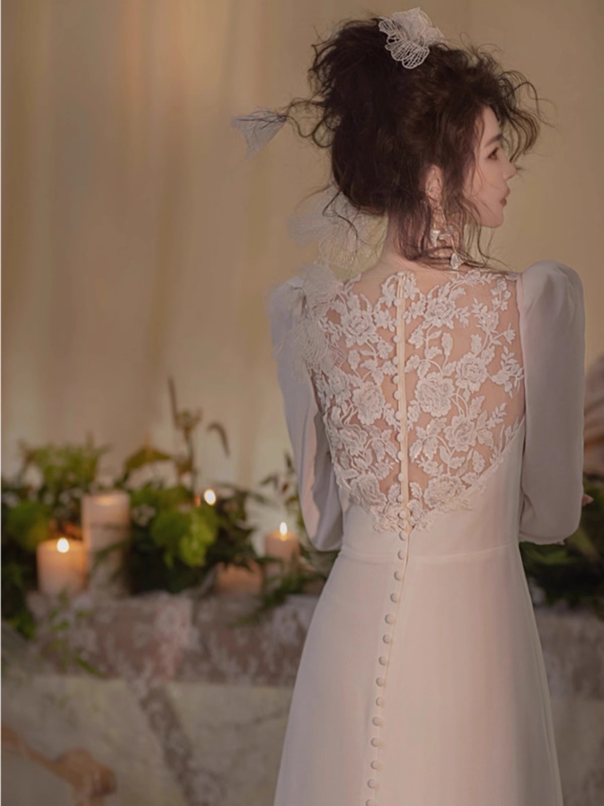 フレンチライトウェディングドレスシンプル高級感レース白着着やせ長袖小モップ森系ウエルカム韓国式お出かけ紗 フレンチライトウェディングドレスシンプル高級感レース白着着やせ長袖小モップ森系ウエルカム韓国式お出かけ紗