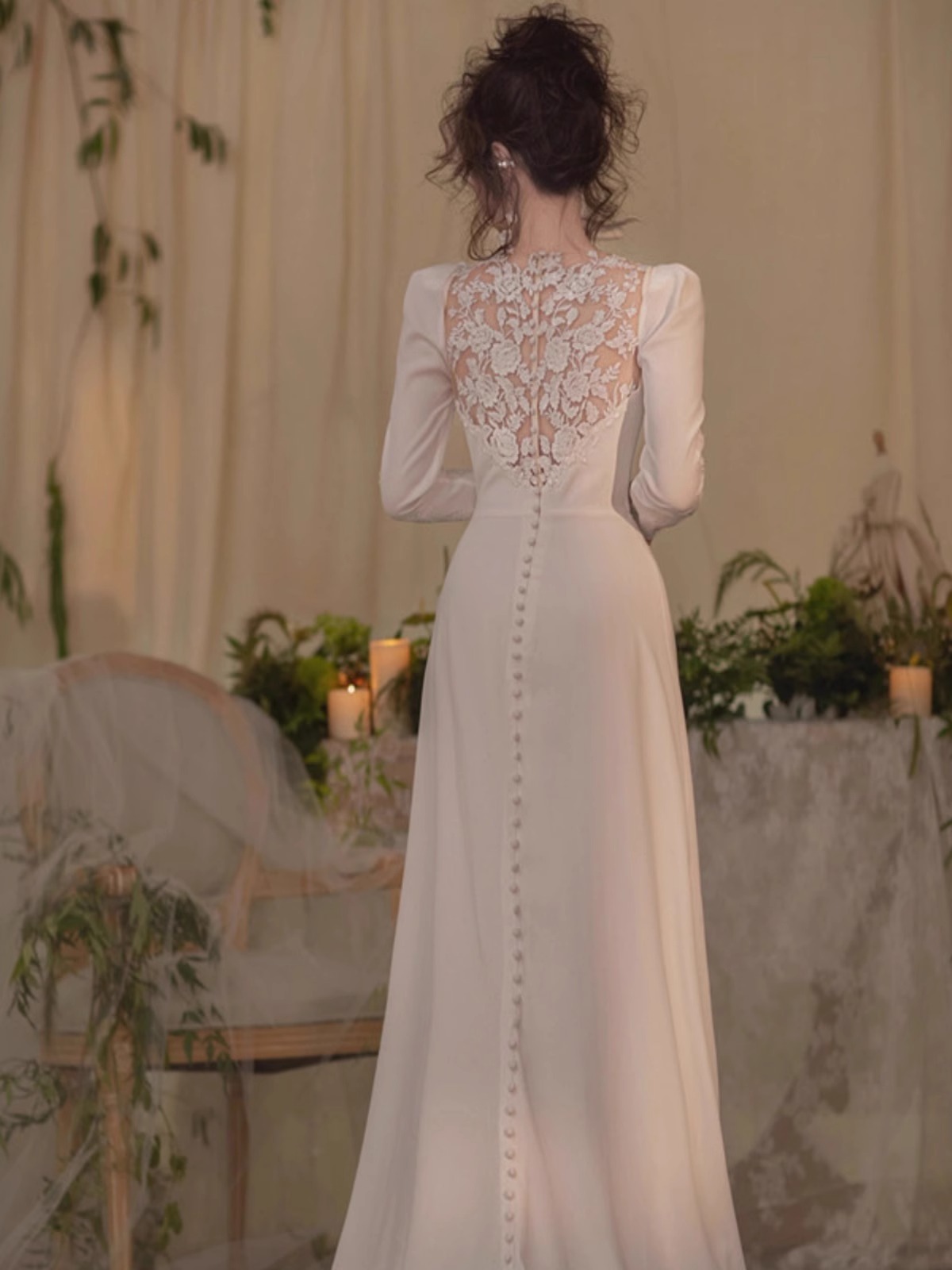 フレンチライトウェディングドレスシンプル高級感レース白着着やせ長袖小モップ森系ウエルカム韓国式お出かけ紗 フレンチライトウェディングドレスシンプル高級感レース白着着やせ長袖小モップ森系ウエルカム韓国式お出かけ紗