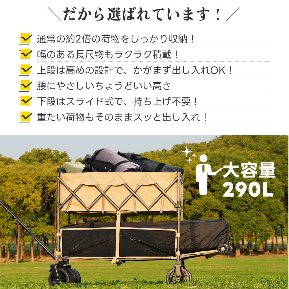 【2点購入で150OFF】【国内即発送】【ホワイト】ダブルシェルフ上下2段 キャリーワゴン アウトドアワゴン 290L 後ろ開け 自立式 折りたたみ コンパクト