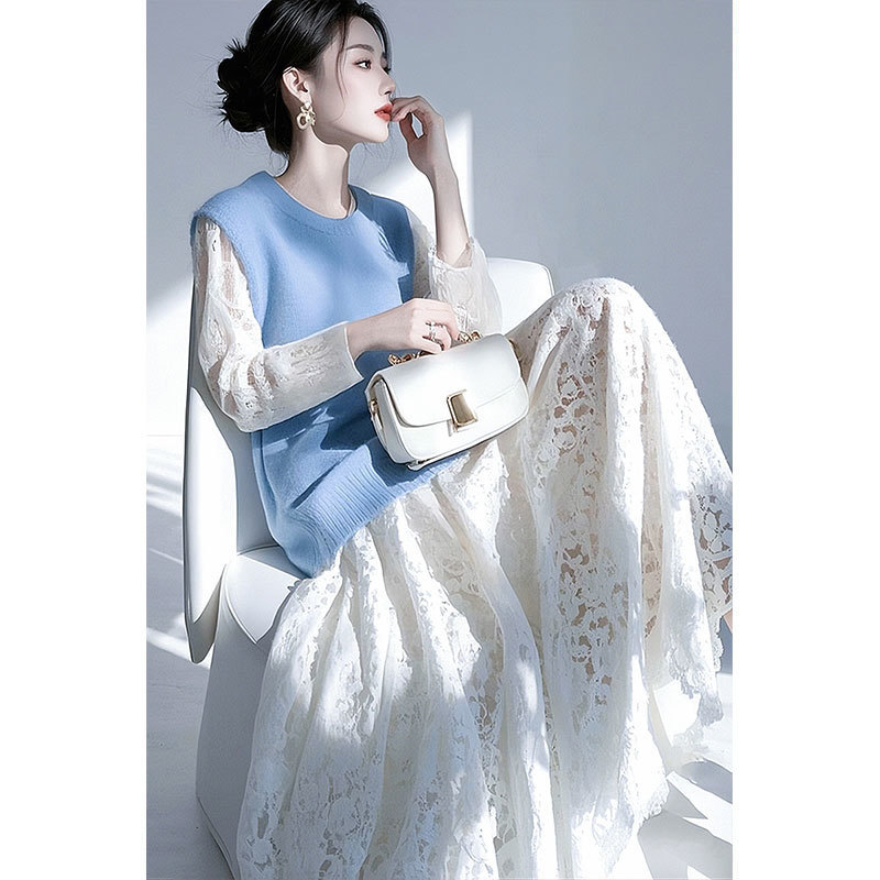 白ロングドレス キャバドレス Jewels 刺繍レースフロントジップドレス/長袖/肌見せ/谷間見せ