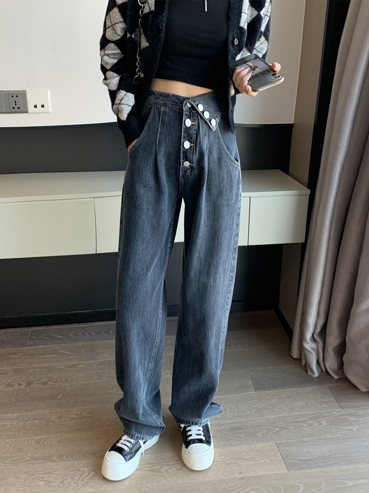 ハイウエストローボタンジーンズ女性春春冬春と春のルーズワイドレッグl新しいストレートドラッグ地面ニッチデザインセンスズボン