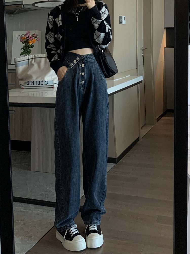 ハイウエストローボタンジーンズ女性春春冬春と春のルーズワイドレッグl新しいストレートドラッグ地面ニッチデザインセンスズボン
