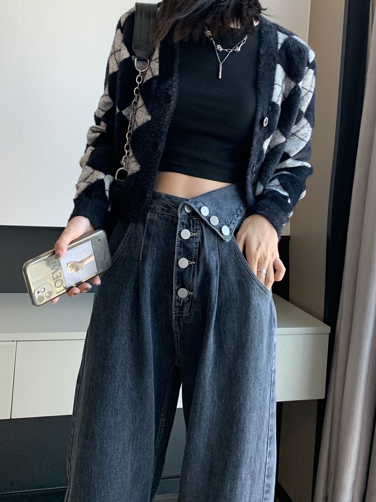 ハイウエストローボタンジーンズ女性春春冬春と春のルーズワイドレッグl新しいストレートドラッグ地面ニッチデザインセンスズボン