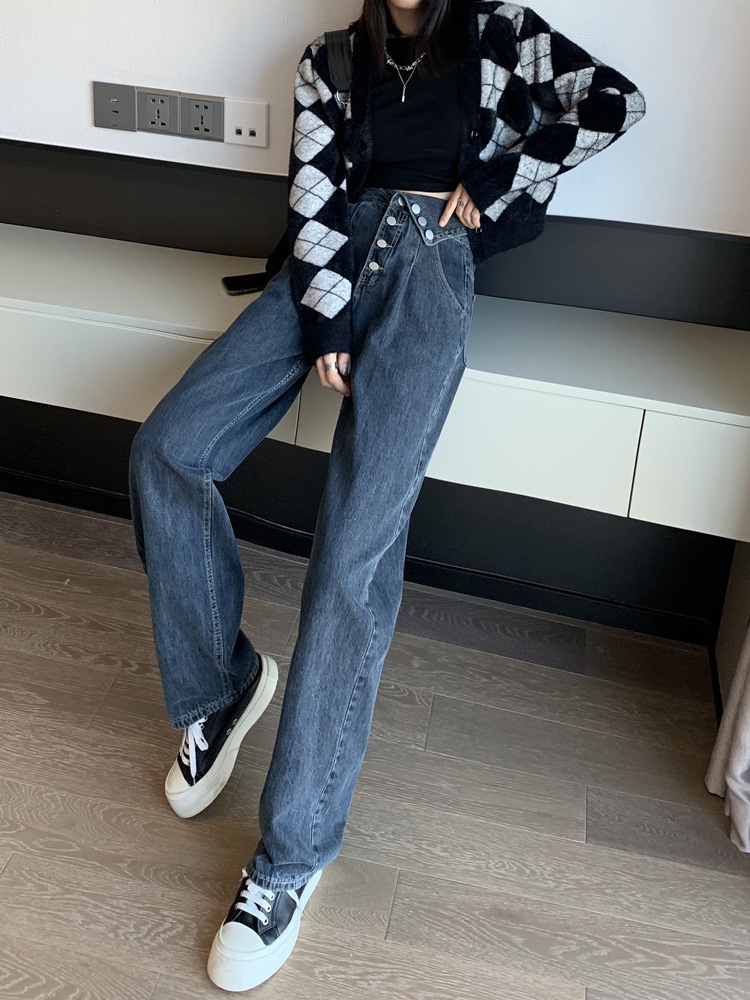 ハイウエストローボタンジーンズ女性春春冬春と春のルーズワイドレッグl新しいストレートドラッグ地面ニッチデザインセンスズボン