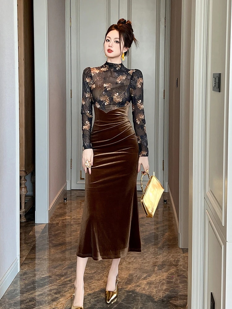 秋冬 ファッション長袖 ドレス シアー ベルベット ドッキング ワンピース セクシー キャバ 卒業式 結婚式 ウェディング 二次会 パーティードレス ワンピース mdprevattcaulkingandwaterproofing.com