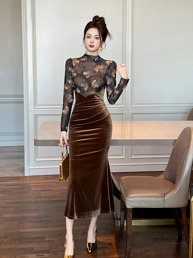 秋冬 ファッション長袖 ドレス シアー ベルベット ドッキング ワンピース セクシー キャバ 卒業式 結婚式 ウェディング 二次会 パーティードレス ワンピース mdprevattcaulkingandwaterproofing.com
