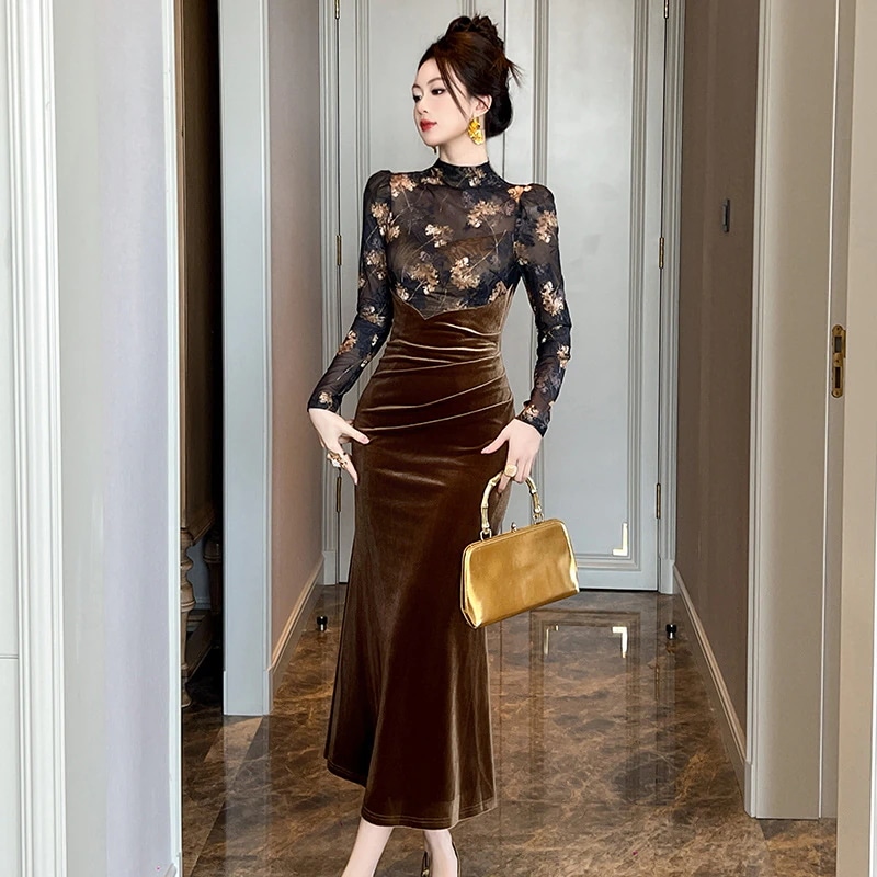 秋冬 ファッション長袖 ドレス シアー ベルベット ドッキング ワンピース セクシー キャバ 卒業式 結婚式 ウェディング 二次会 パーティードレス ワンピース mdprevattcaulkingandwaterproofing.com