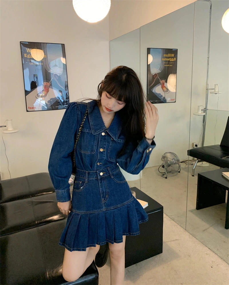 大人 可愛く スタイル 映え デニム 上下 2点セット トップス スカート セットアップ プリーツ ビッグカラー ハイウエスト カジュアル ガーリー こなれ 大人 可愛く スタイル 映え デニム 上下 2点セット トップス スカート セットアップ プリーツ ビッグカラー ハイウエスト カジュアル ガーリー こなれ