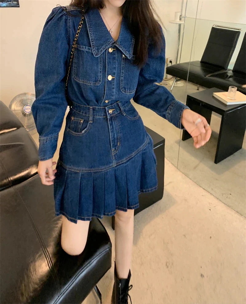 大人 可愛く スタイル 映え デニム 上下 2点セット トップス スカート セットアップ プリーツ ビッグカラー ハイウエスト カジュアル ガーリー こなれ 大人 可愛く スタイル 映え デニム 上下 2点セット トップス スカート セットアップ プリーツ ビッグカラー ハイウエスト カジュアル ガーリー こなれ