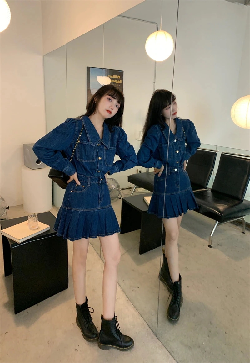 大人 可愛く スタイル 映え デニム 上下 2点セット トップス スカート セットアップ プリーツ ビッグカラー ハイウエスト カジュアル ガーリー こなれ 大人 可愛く スタイル 映え デニム 上下 2点セット トップス スカート セットアップ プリーツ ビッグカラー ハイウエスト カジュアル ガーリー こなれ