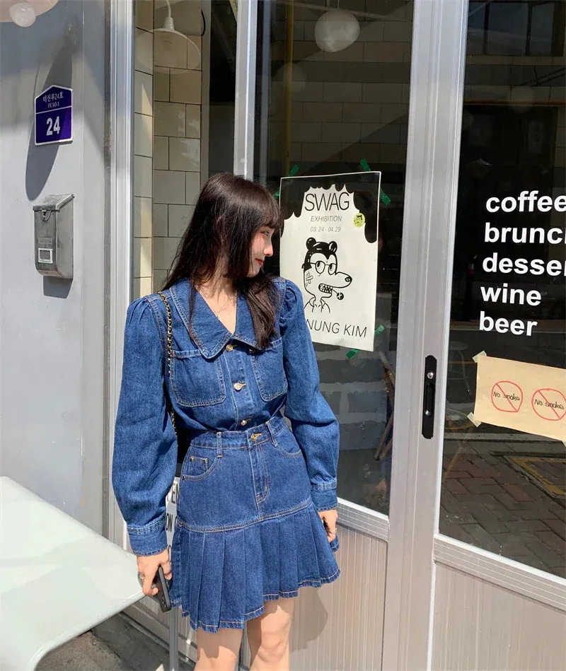 大人 可愛く スタイル 映え デニム 上下 2点セット トップス スカート セットアップ プリーツ ビッグカラー ハイウエスト カジュアル ガーリー こなれ 大人 可愛く スタイル 映え デニム 上下 2点セット トップス スカート セットアップ プリーツ ビッグカラー ハイウエスト カジュアル ガーリー こなれ