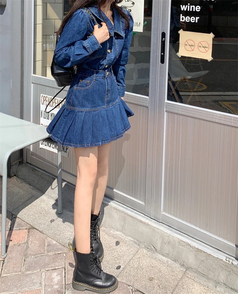 大人 可愛く スタイル 映え デニム 上下 2点セット トップス スカート セットアップ プリーツ ビッグカラー ハイウエスト カジュアル ガーリー こなれ 大人 可愛く スタイル 映え デニム 上下 2点セット トップス スカート セットアップ プリーツ ビッグカラー ハイウエスト カジュアル ガーリー こなれ