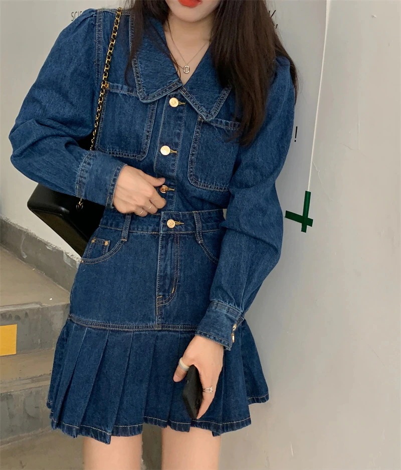 大人 可愛く スタイル 映え デニム 上下 2点セット トップス スカート セットアップ プリーツ ビッグカラー ハイウエスト カジュアル ガーリー こなれ 大人 可愛く スタイル 映え デニム 上下 2点セット トップス スカート セットアップ プリーツ ビッグカラー ハイウエスト カジュアル ガーリー こなれ