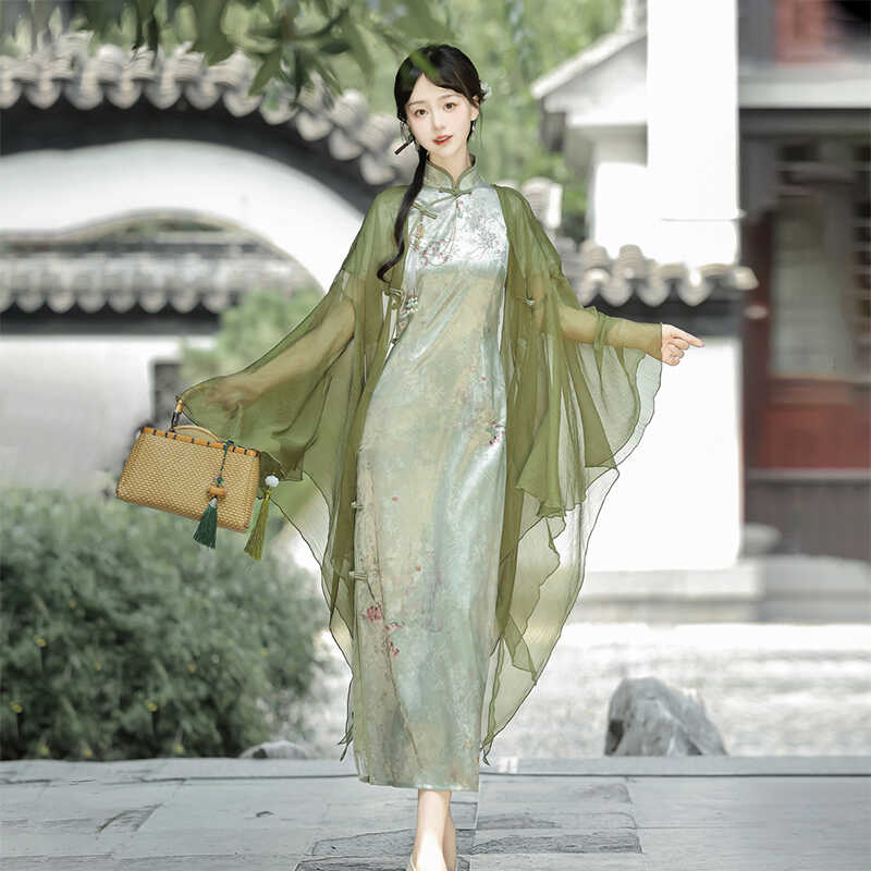 【フルセット】あずき詩新韓国改良チャイナドレスワンピース緑開叉大袖シャツ禅意 【フルセット】あずき詩新韓国改良チャイナドレスワンピース緑開叉大袖シャツ禅意