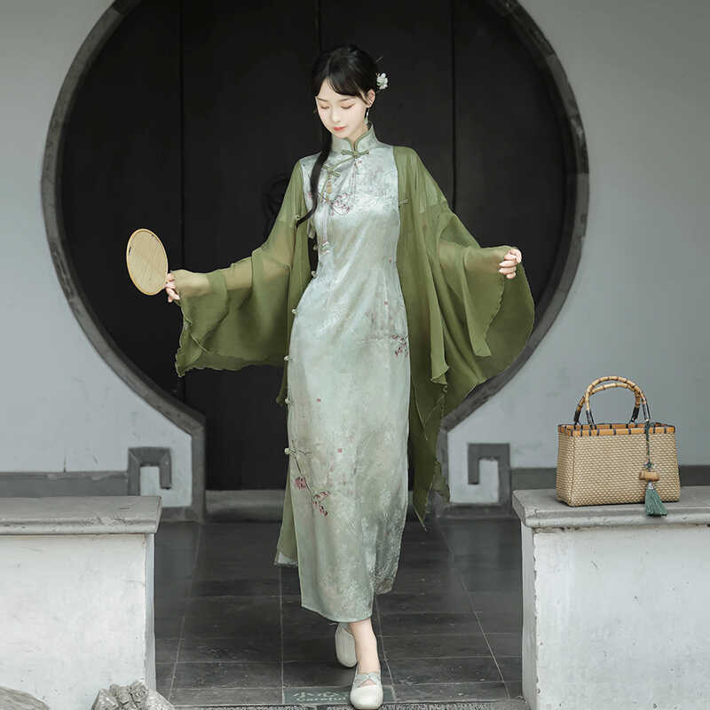 【フルセット】あずき詩新韓国改良チャイナドレスワンピース緑開叉大袖シャツ禅意 【フルセット】あずき詩新韓国改良チャイナドレスワンピース緑開叉大袖シャツ禅意