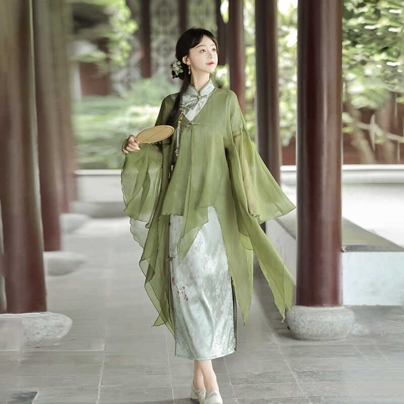 【フルセット】あずき詩新韓国改良チャイナドレスワンピース緑開叉大袖シャツ禅意 【フルセット】あずき詩新韓国改良チャイナドレスワンピース緑開叉大袖シャツ禅意