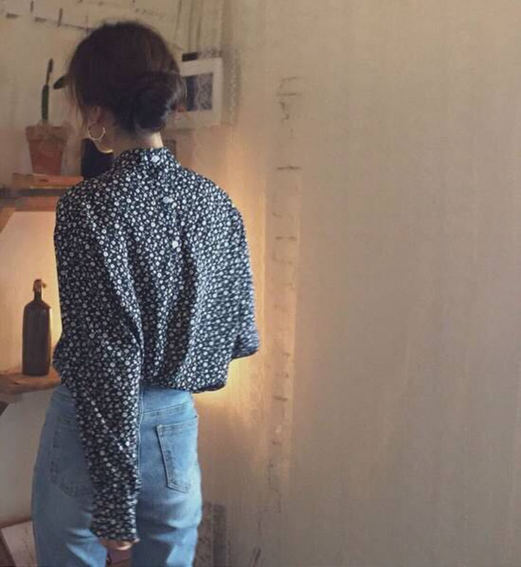 バックボタン 長袖 シャツ レディース 春 秋 トップス シャツブラウス 総柄 柄シャツ カジュアル 長袖シャツ きれいめ 小花柄 ハイネック お洒落 可愛い ブラック 黒 韓国ファッション