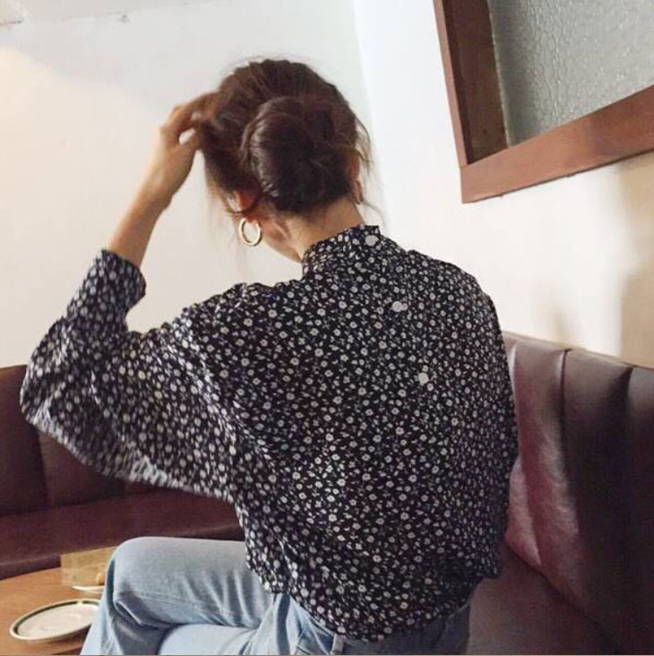 バックボタン 長袖 シャツ レディース 春 秋 トップス シャツブラウス 総柄 柄シャツ カジュアル 長袖シャツ きれいめ 小花柄 ハイネック お洒落 可愛い ブラック 黒 韓国ファッション