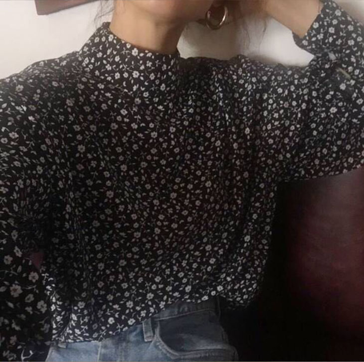 バックボタン 長袖 シャツ レディース 春 秋 トップス シャツブラウス 総柄 柄シャツ カジュアル 長袖シャツ きれいめ 小花柄 ハイネック お洒落 可愛い ブラック 黒 韓国ファッション