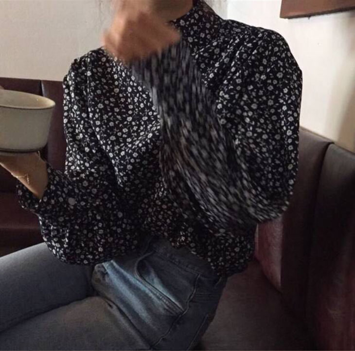 バックボタン 長袖 シャツ レディース 春 秋 トップス シャツブラウス 総柄 柄シャツ カジュアル 長袖シャツ きれいめ 小花柄 ハイネック お洒落 可愛い ブラック 黒 韓国ファッション