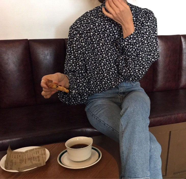 バックボタン 長袖 シャツ レディース 春 秋 トップス シャツブラウス 総柄 柄シャツ カジュアル 長袖シャツ きれいめ 小花柄 ハイネック お洒落 可愛い ブラック 黒 韓国ファッション