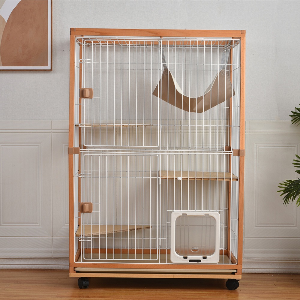 猫 ケージ キャットケージ 2段 木製フレーム ハンモック付 広々 大型 猫ゲージ 高級感おしゃれ キャットハウス ネコ ハウス 多段 留守番脱走防止多頭飼い多頭 スチール ペットケージ【ナチュラル】
