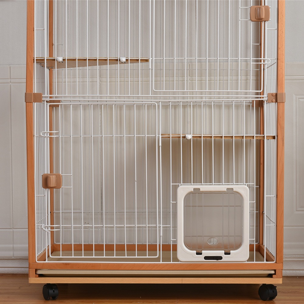 猫 ケージ キャットケージ 2段 木製フレーム ハンモック付 広々 大型 猫ゲージ 高級感おしゃれ キャットハウス ネコ ハウス 多段 留守番脱走防止多頭飼い多頭 スチール ペットケージ【ナチュラル】