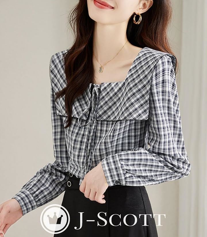 ビッグカラーブラウス ギンガムチェック リボン 前ボタン 長袖 スクエアネック モノクロ ポリエステル素材 春物 きちんと見え 代 出勤 お洒落 JS93(XL) ビッグカラーブラウス ギンガムチェック リボン 前ボタン 長袖 スクエアネック モノクロ ポリエステル素材 春物 きちんと見え 代 出勤 お洒落 JS93(XL)