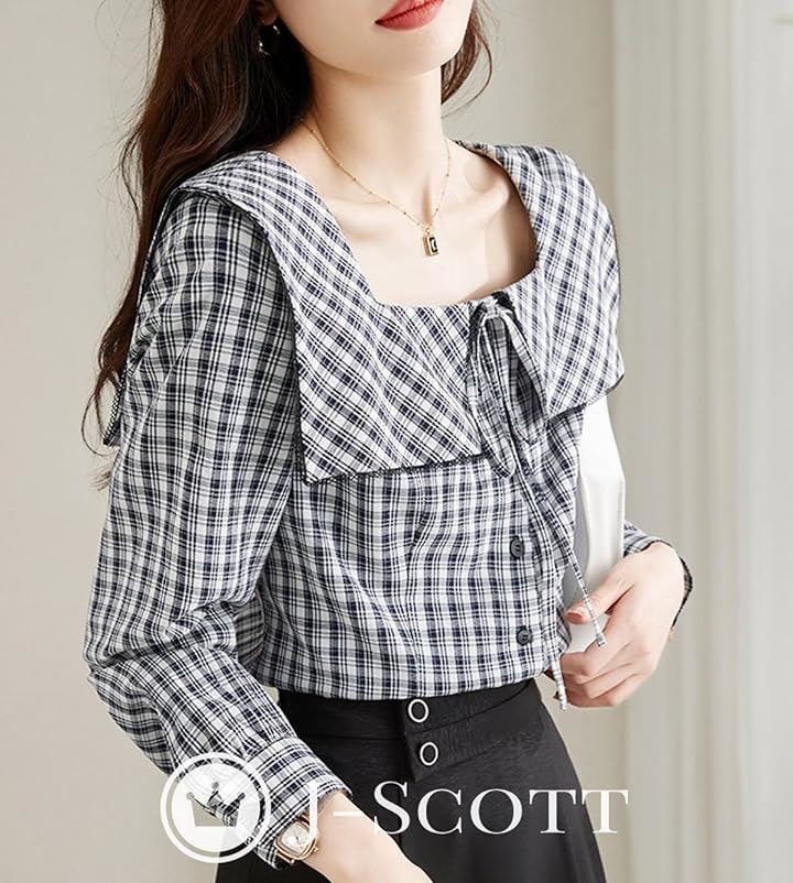ビッグカラーブラウス ギンガムチェック リボン 前ボタン 長袖 スクエアネック モノクロ ポリエステル素材 春物 きちんと見え 代 出勤 お洒落 JS93(XL) ビッグカラーブラウス ギンガムチェック リボン 前ボタン 長袖 スクエアネック モノクロ ポリエステル素材 春物 きちんと見え 代 出勤 お洒落 JS93(XL)