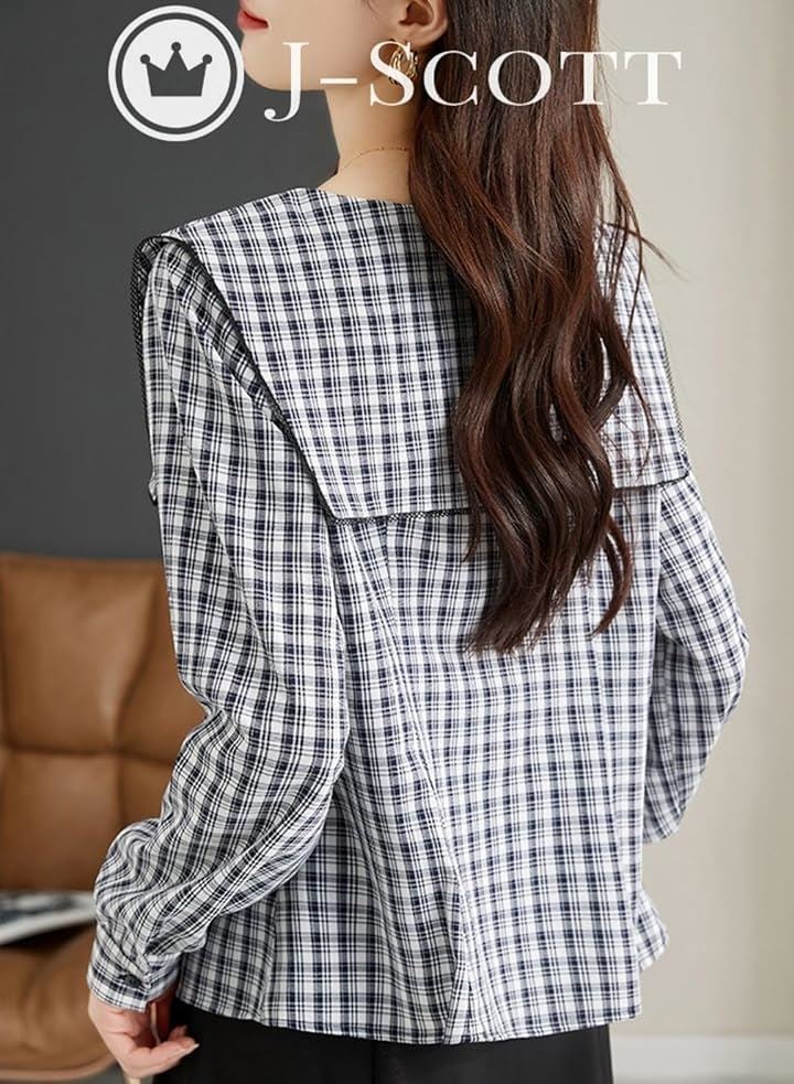 ビッグカラーブラウス ギンガムチェック リボン 前ボタン 長袖 スクエアネック モノクロ ポリエステル素材 春物 きちんと見え 代 出勤 お洒落 JS93(XL) ビッグカラーブラウス ギンガムチェック リボン 前ボタン 長袖 スクエアネック モノクロ ポリエステル素材 春物 きちんと見え 代 出勤 お洒落 JS93(XL)
