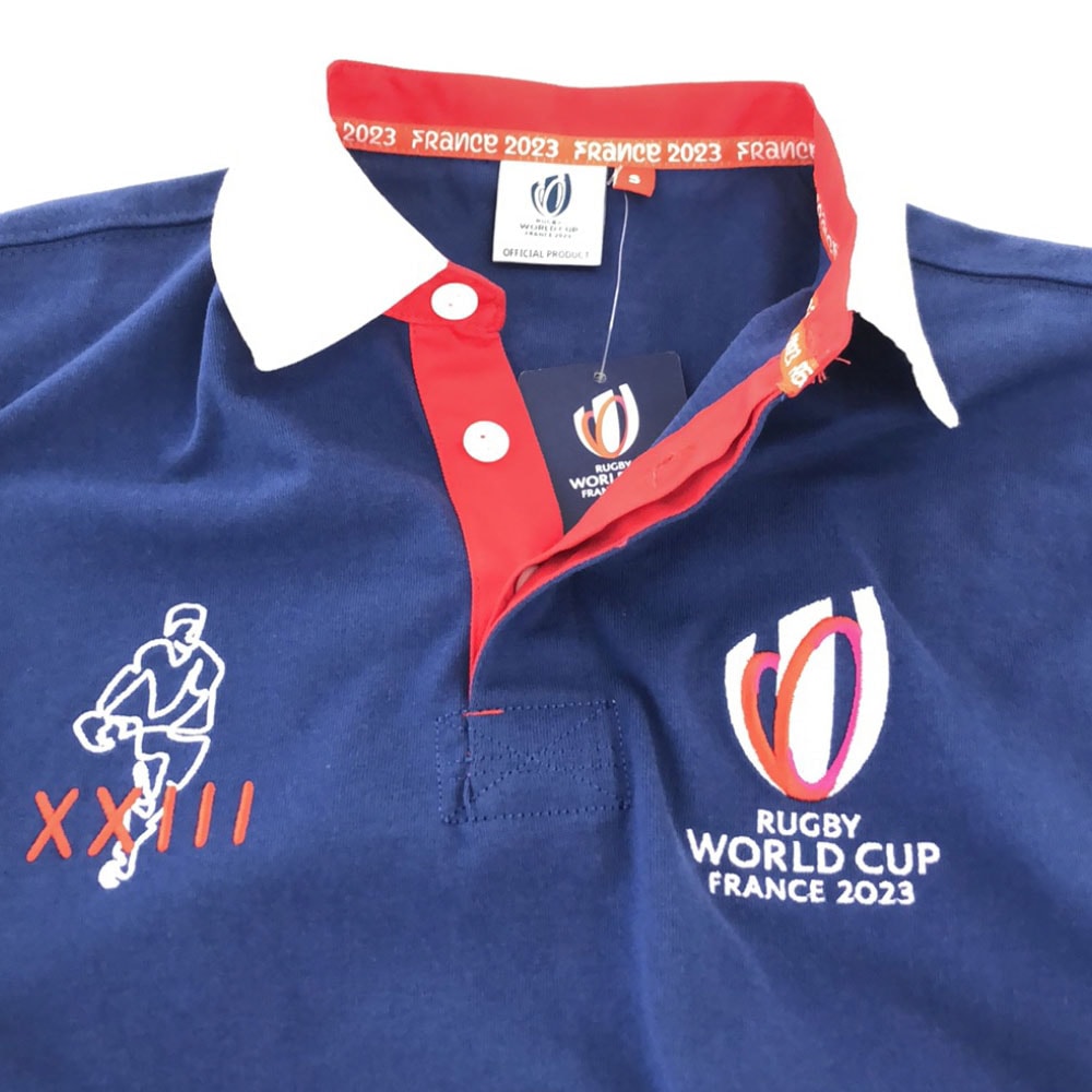 未使用 ワールドカップ フランス 2023 ボーダー ロゴ刺繍 ラグビー 長袖 ラガーシャツ S ブルー RUGBY WORLD CUP FRANCE 2023 タグ付き メンズ 未使用 ワールドカップ フランス 2023 ボーダー ロゴ刺繍