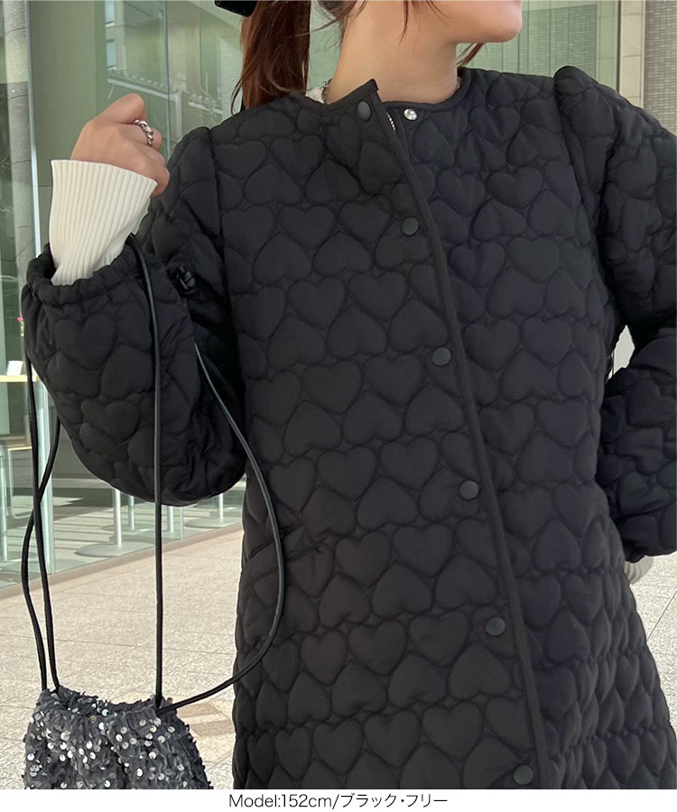 ハート柄 キルティング ジャケット レディース ハート ミディ ミディアム丈 ノーカラー コート アウター キルティングジャケット きれいめ 長袖 骨格ストレート 骨スト 骨格ウェーブ キルト 白 ホ